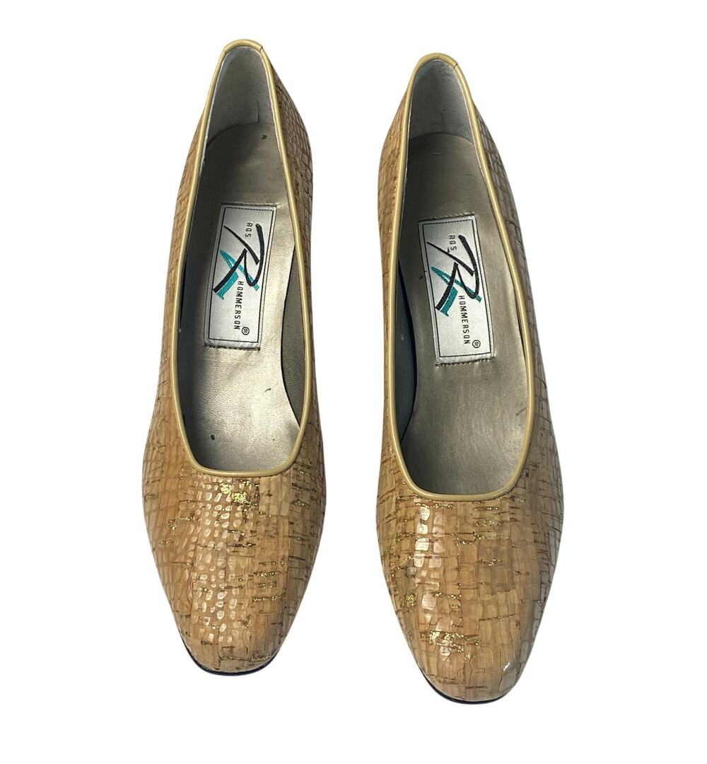 Ros Hommerson Tan Gold Accent Wooden Pattern Leather Pumps Women's 7.5